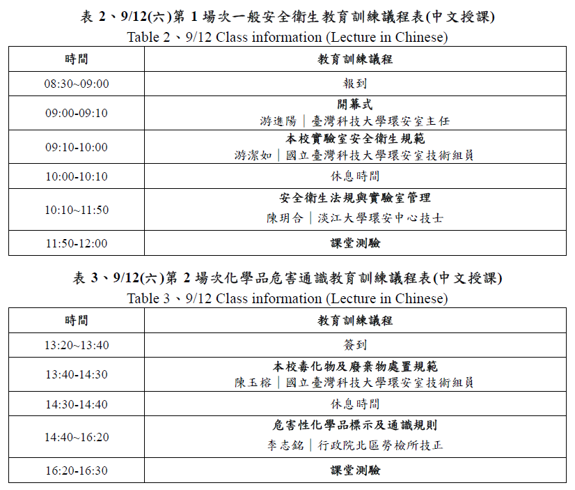 表2、9/12(六)第1場次一般安全衛生教育訓練議程表(中文授課)